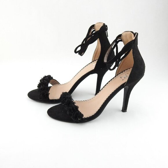 Black Strappy 4" Heels Faux Suede Flower Accents 3 Straps Heel - Picture 10 of 14